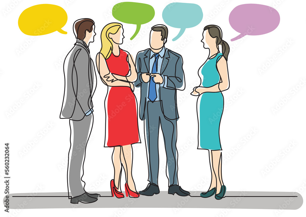 Poster continuous line drawing business professionals standing discussion speech bubbles - png image with t
