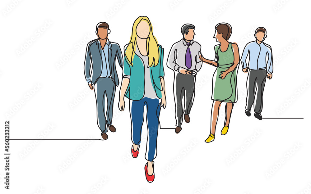 Wall mural continuous line drawing business team walking together professionals - png image with transparent ba