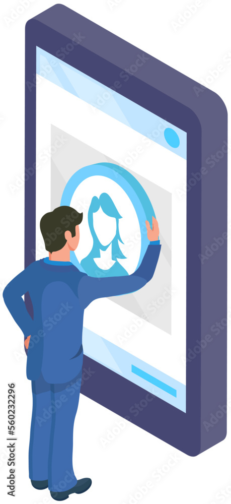 Poster man looking at user profiles in social network. program for chatting, mailing or recruitment work. g