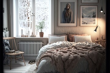  a bedroom with a bed, a chair, and pictures on the wall above it and a window with a view of the snow outside of the room and a bed with a blanket on the.