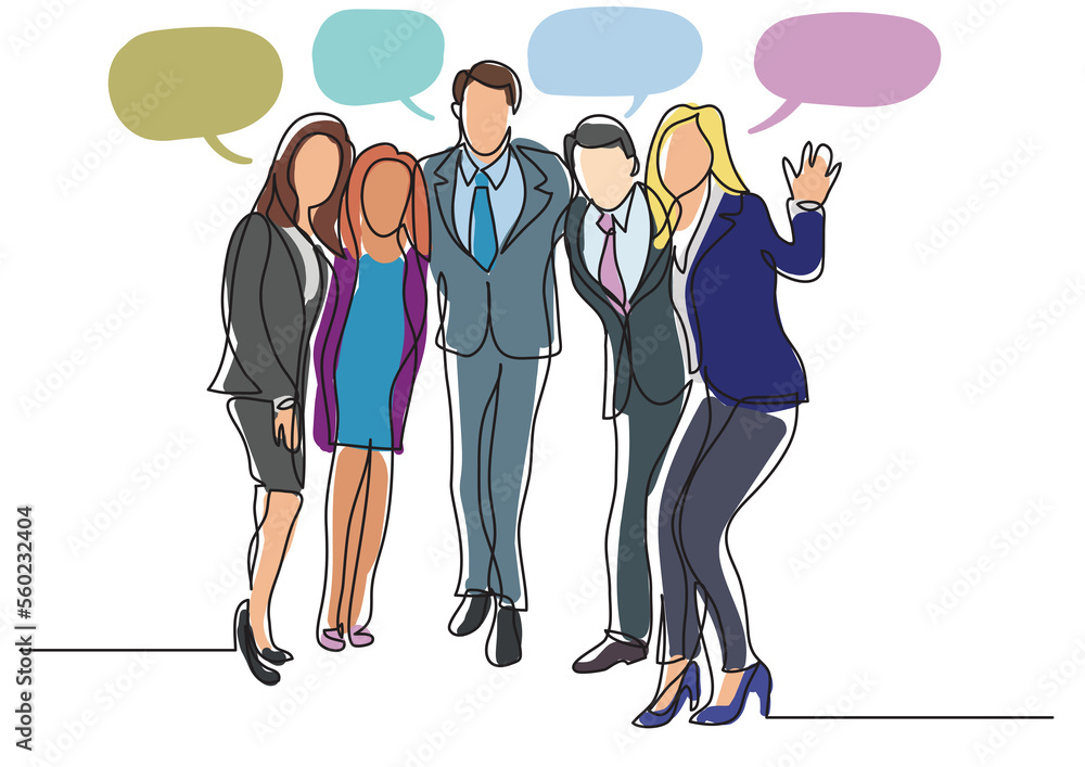 Poster continuous line drawing happy business team standing with speech bubbles - png image with transparen
