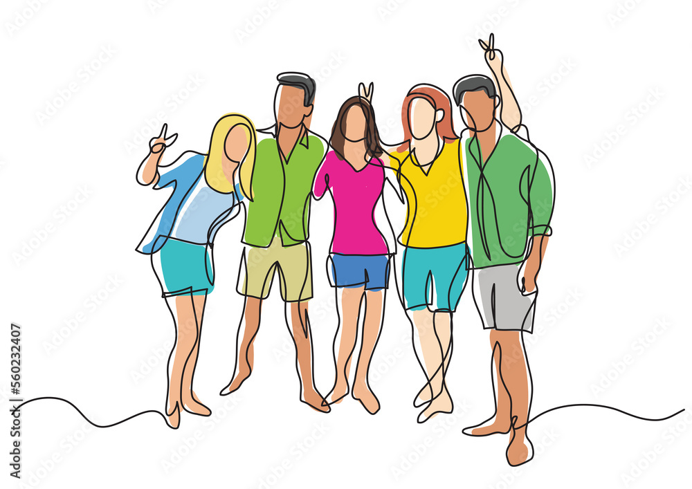 Poster continuous line drawing happy group of friends on beach - png image with transparent background
