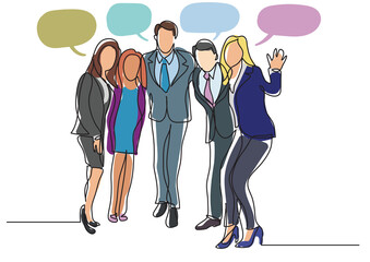 Fototapeta na wymiar continuous line drawing happy business team standing with speech bubbles - PNG image with transparent background