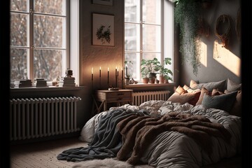  a bed with a blanket and pillows in a room with a window and a radiator with candles on it and a window with a plant in the corner of the room with a. generative ai