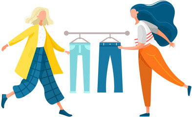 Women choose blue pants for everyday wear in womens clothing store. Person stands near hanger with jeans in clothing market. Fashion designer, teenager girl buys clothes in youth style looks at outfit