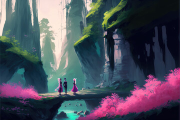three people standing on a bridge of a fantasy landscape illustration, scene in green and pink, generative ai technology
