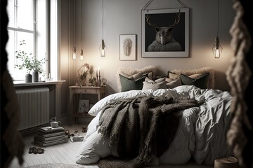  a bed with a blanket and pillows in a room with a window and a radiator and a picture on the wall above it with a deer head on the wall and a rug.