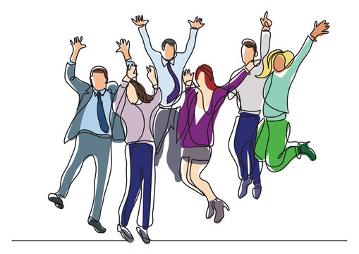 continuous line drawing happy office workers jumping joy  - PNG image with transparent background