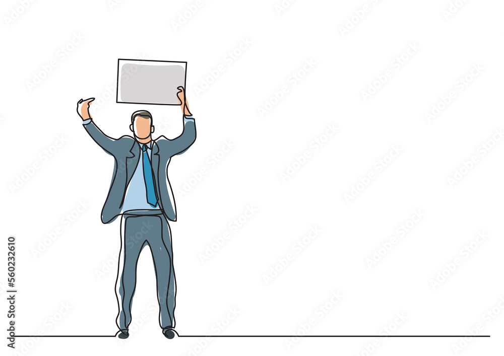 Poster continuous line drawing one standing office worker pointing at blank sign - png image with transpare