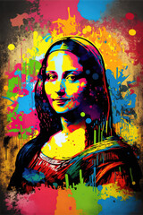 a modern and cool mona lisa painting in different colors with a lot of splash, graffiti artwork, generative ai technology
