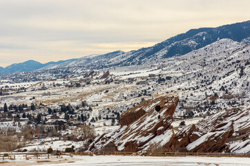 Scenic winter landscape in Red Rocks Park near the town of Morrison, Colorado