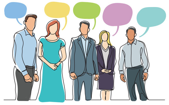 continuous line drawing people tam standing looking with speech bubbles  - PNG image with transparent background