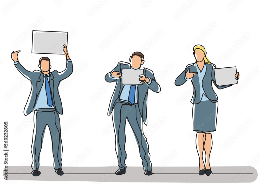 Poster continuous line drawing standing office workers pointing at blank signs - png image with transparent