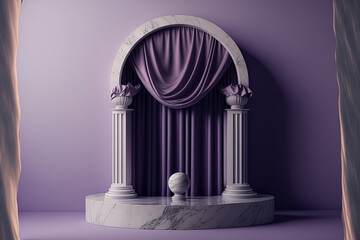 Purple marble platform surrounded by silky curtains. Generative AI.
