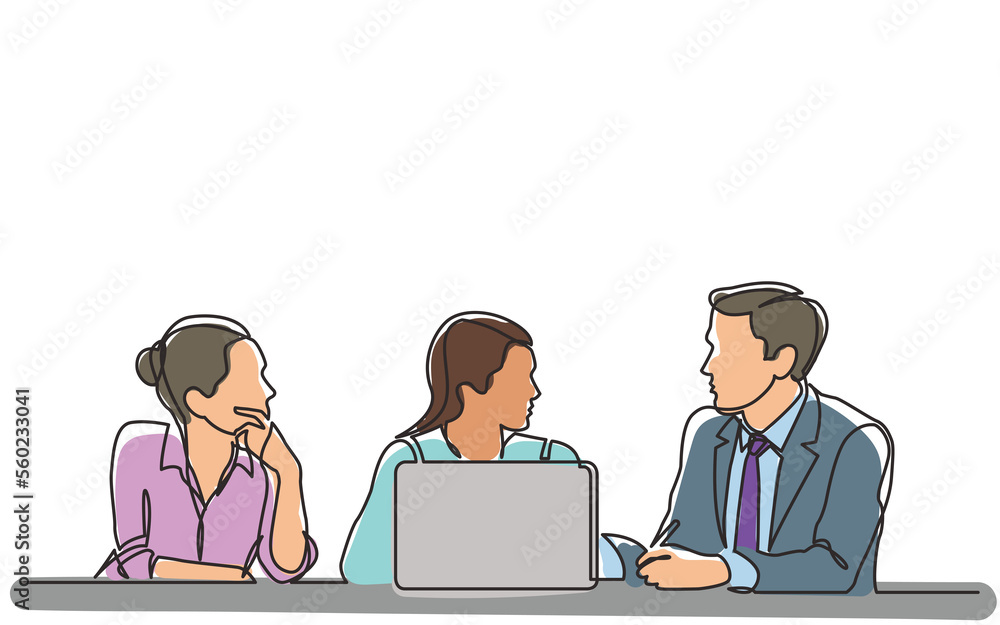 Aufkleber continuous line drawing three employees talking - png image with transparent background