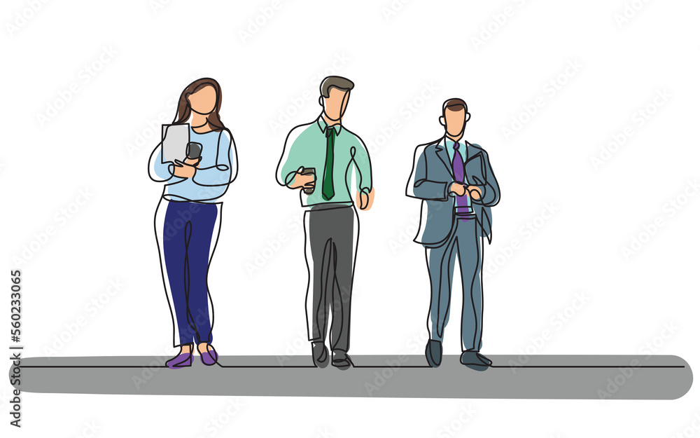 Poster continuous line drawing three office workers walking together - png image with transparent backgroun