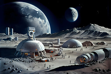 Fototapeta na wymiar A futuristic, high-tech facility, including lunar rovers, satellite dishes, and habitats for the crew, with people and robots working together to maintain and operate the busy moon base