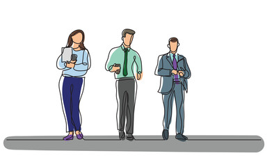 continuous line drawing three office workers walking together  - PNG image with transparent background
