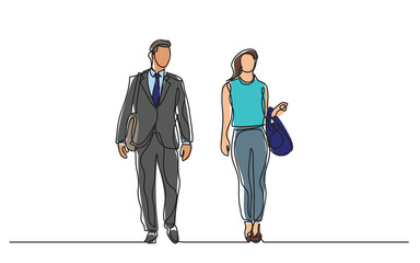 continuous line drawing two business people walking talking together  - PNG image with transparent background