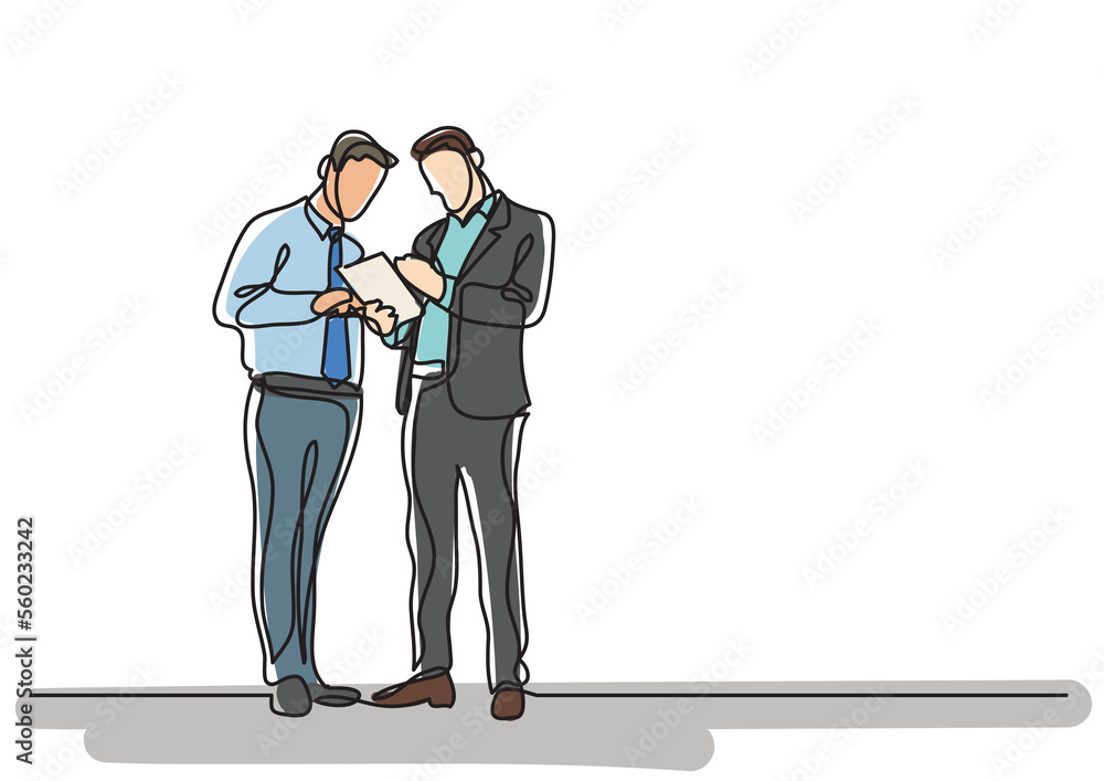 Poster continuous line drawing two men standing talking - png image with transparent background