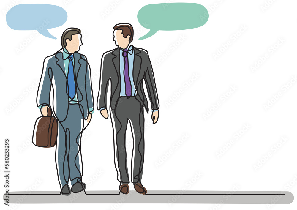 Poster continuous line drawing two walking businessmen speech bubbles - png image with transparent backgrou