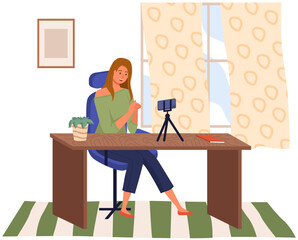 Podcaster woman character in office room interior. Girl listening audio podcast and speaking at live streaming use smartphone and laptop on her vlog. Podcaster making, blogger, technology concept