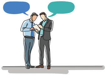 continuous line drawing two men standing talking with speech bubbles  - PNG image with transparent background