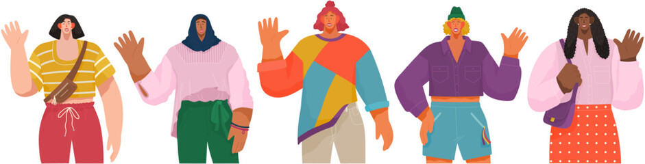 Young happy people waving hands. Smiling parent or friends gesturing with smile. Male and female characters different nations representatives stand together isolated people with greeting gesture