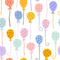 Cheerful bright multicolored balloons on a white background. Vector seamless pattern with birthday or party decor.