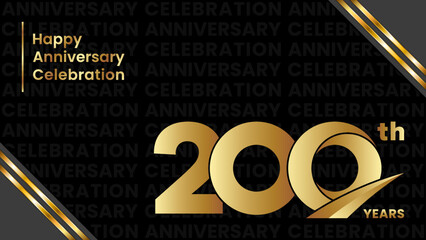200th Anniversary. Anniversary template design with golden color for birthday celebration event, invitation card, greeting card, banner, poster. Logo Vector Template