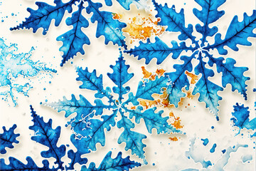 snow flakes in watercolor with a lot of splashes everywhere, blue inspired artwork, generative ai technology
