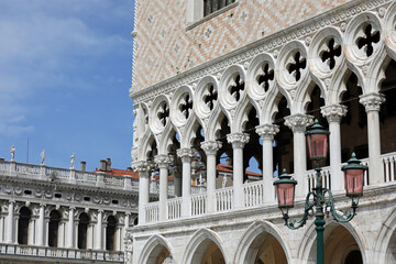 corner of the Doge s Palace with the white columns in Venice in Northern Italy