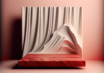 Red wood marble platform surrounded by silky curtains. Generative AI.