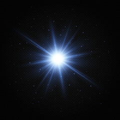 Shining blue star. Light Effect Bright Star, Christmas Star. Blue glowing light explodes.