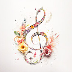 Painting of Treble Clef Music Note made out of flowers with a cute design. Generative AI