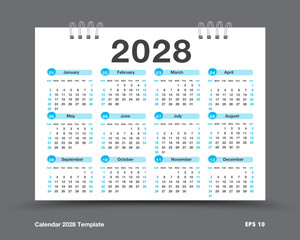 Calendar 2028 year vector illustration, Set of 12 months, week starts on Sunday, Simple planner template, desk calendar 2028 year, wall calendar 2028 template, print media, Business template vector