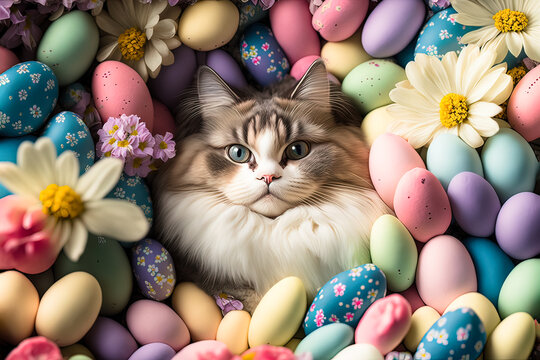 Abstract easter picture of eggs, flowers, and a cat surrounded by holiday items. Holiday and celebration concept. Generative AI.