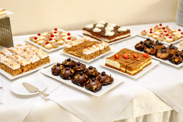 Sweets are ready for meeting guests at the event during a coffee break. Business conference in a...