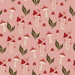 seamless pattern with mushrooms and heart