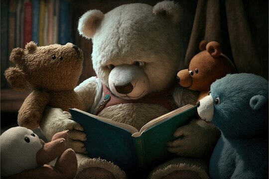  a teddy bear reading a book with other teddy bears around him and a teddy bear holding a book in his hands and a teddy bear reading a book in his lap, with a book.