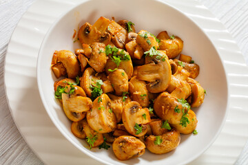 Spanish Garlic Mushrooms in bowl, top view