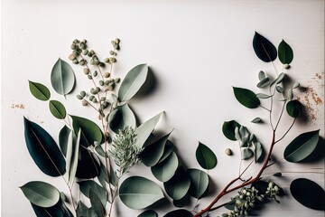  a bunch of green leaves and branches on a white surface with a white background and a white wall behind it with a white frame with a white border and black border with a white border.