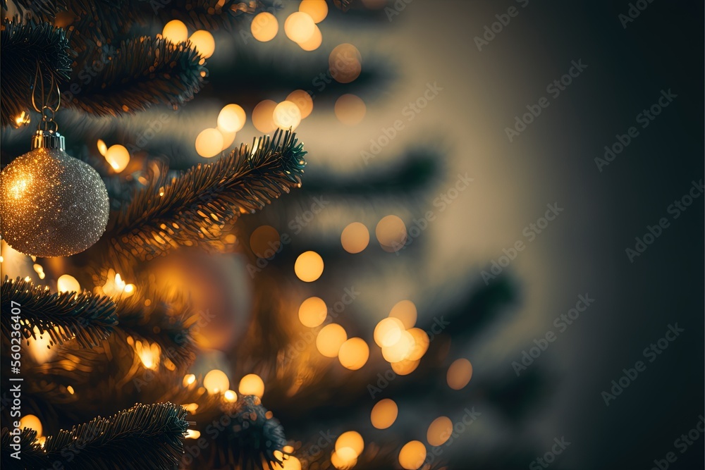 Poster a christmas tree with a lot of lights on it's branches and a blurry background of the tree is shown 
