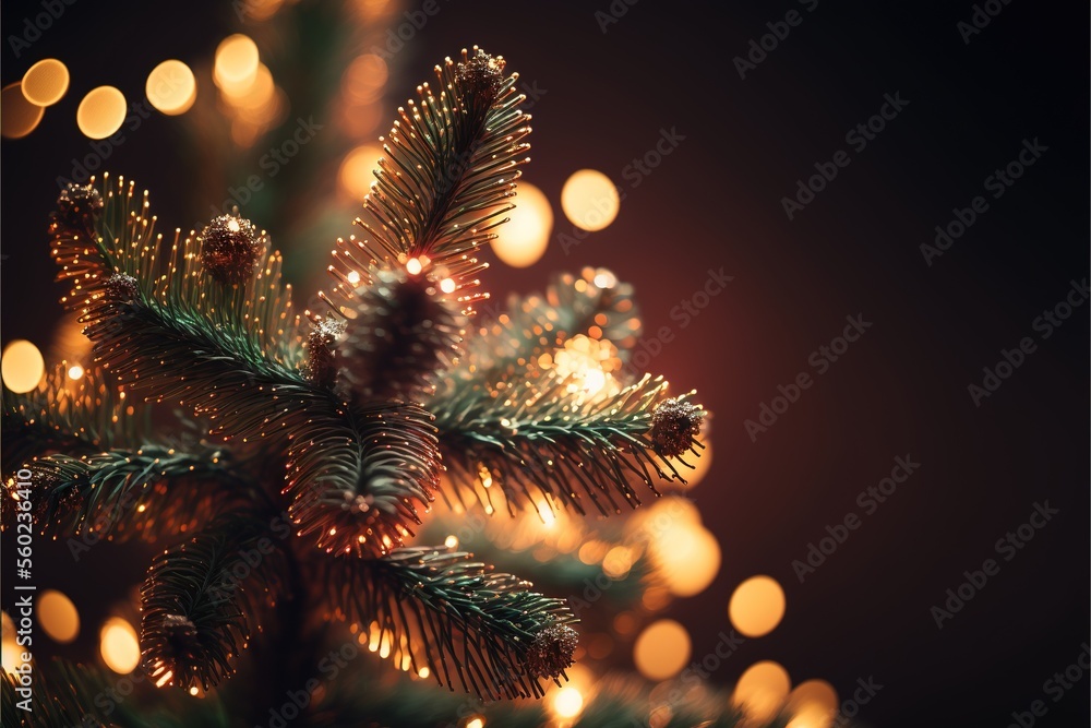 Poster a close up of a christmas tree with lights in the background and a blurry background of a pine tree 