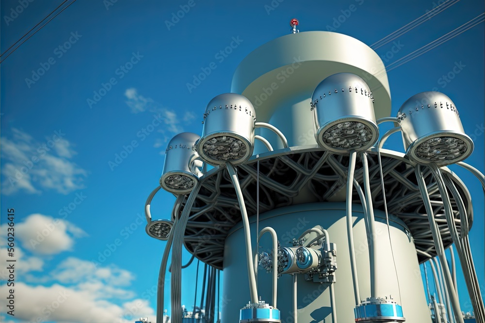Poster a large tower with multiple lights and wires on top of it's sides and a sky background with clouds i