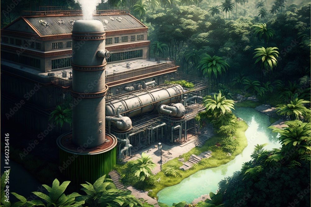 Poster a painting of a factory with smoke coming out of it's stacks and pipes, surrounded by trees and a ri