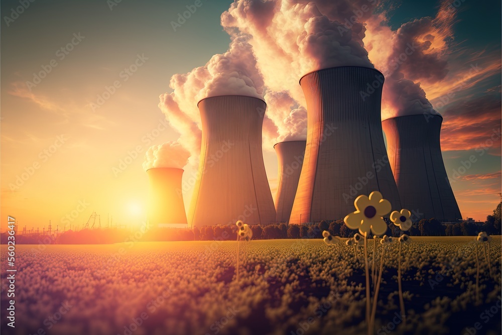 Poster a nuclear power plant with a sunset in the background and a field of flowers in the foreground with 