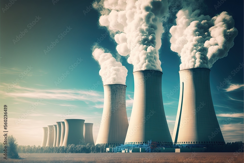Poster a group of smoke stacks emitting from a cooling station in a rural area with a blue sky in the backg