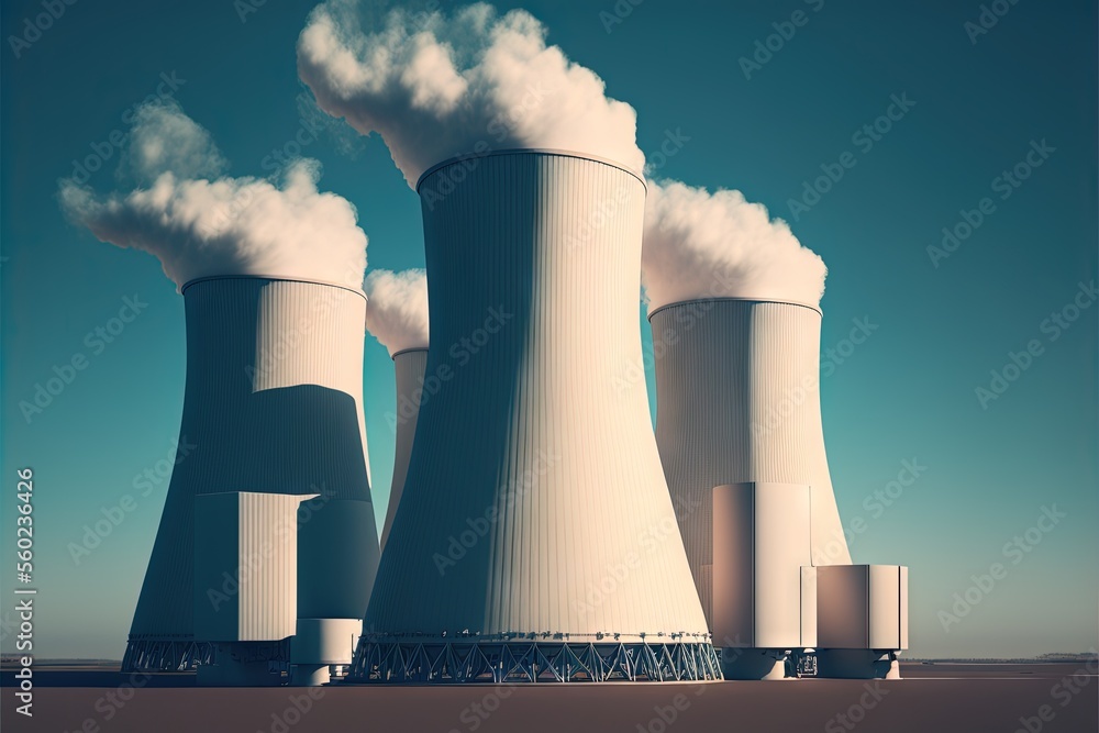 Poster a group of smoke stacks emitting from a factory building with a blue sky in the background and a few
