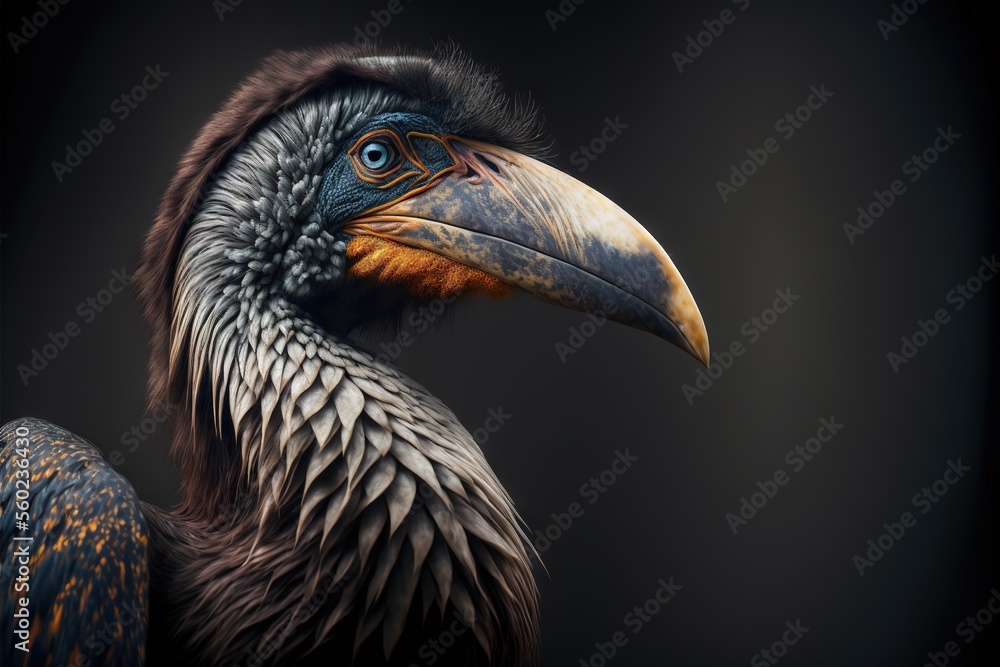 Poster a bird with a very large beak and a long bill is standing in the dark with a black background and a 
